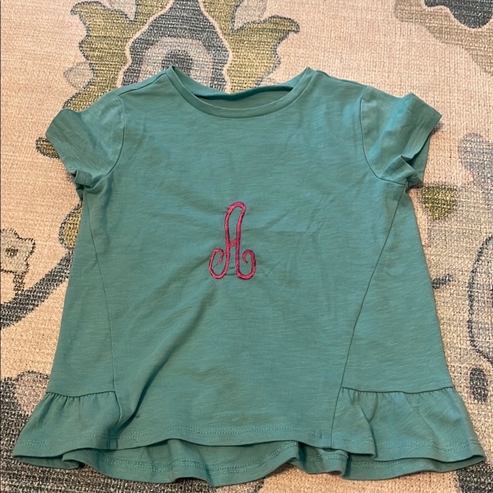 Initial (A) Teal Kids Shirt with Pink Embroidery